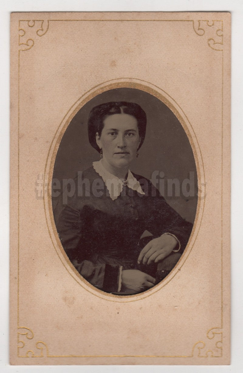 Lovely Victorian Woman in Dress Dangle Earrings Antique Tintype Photo