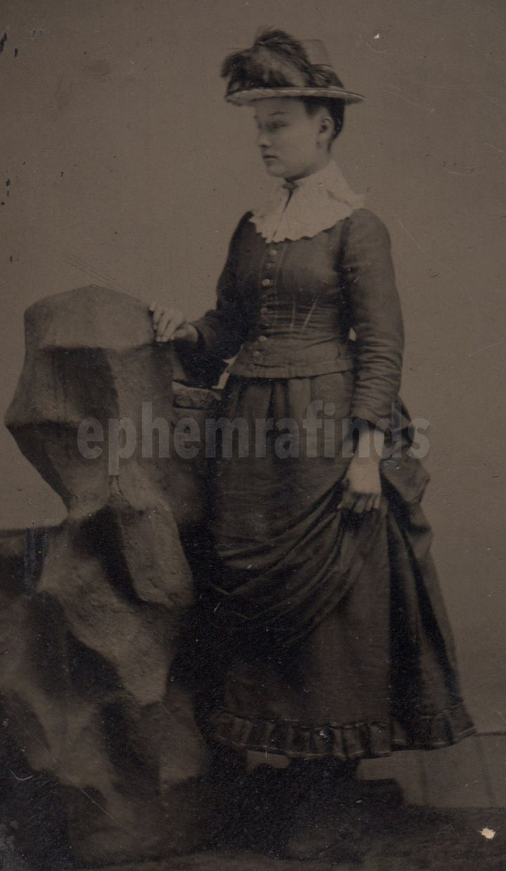 Lovely Victorian Woman in Profile Feather Plume Hat Antique Tintype Photo