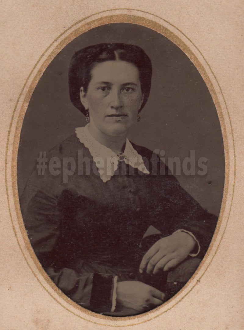 Lovely Victorian Woman in Dress Dangle Earrings Antique Tintype Photo