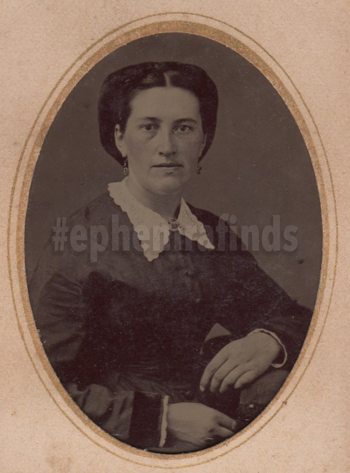 Lovely Victorian Woman in Dress Dangle Earrings Antique Tintype Photo