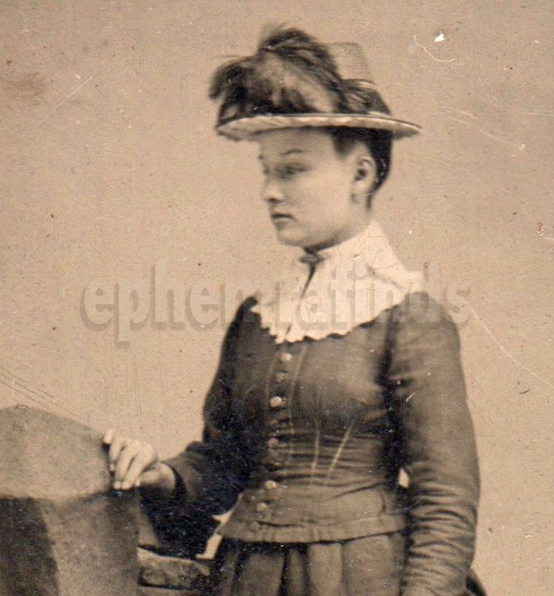 Lovely Victorian Woman in Profile Feather Plume Hat Antique Tintype Photo