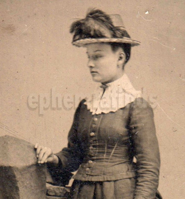 Lovely Victorian Woman in Profile Feather Plume Hat Antique Tintype Photo