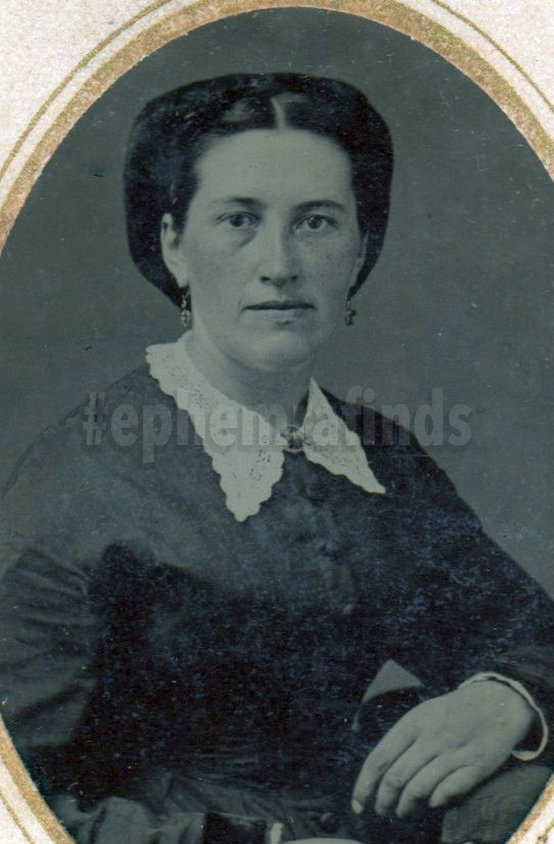 Lovely Victorian Woman in Dress Dangle Earrings Antique Tintype Photo