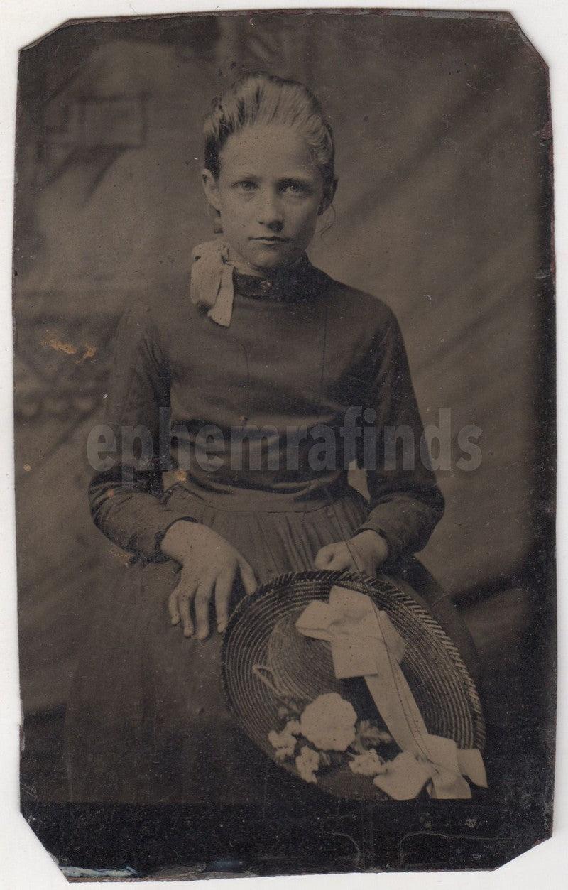 Sweet Young Girl with Large Hands and Flower Hat Antique Tintype Photo