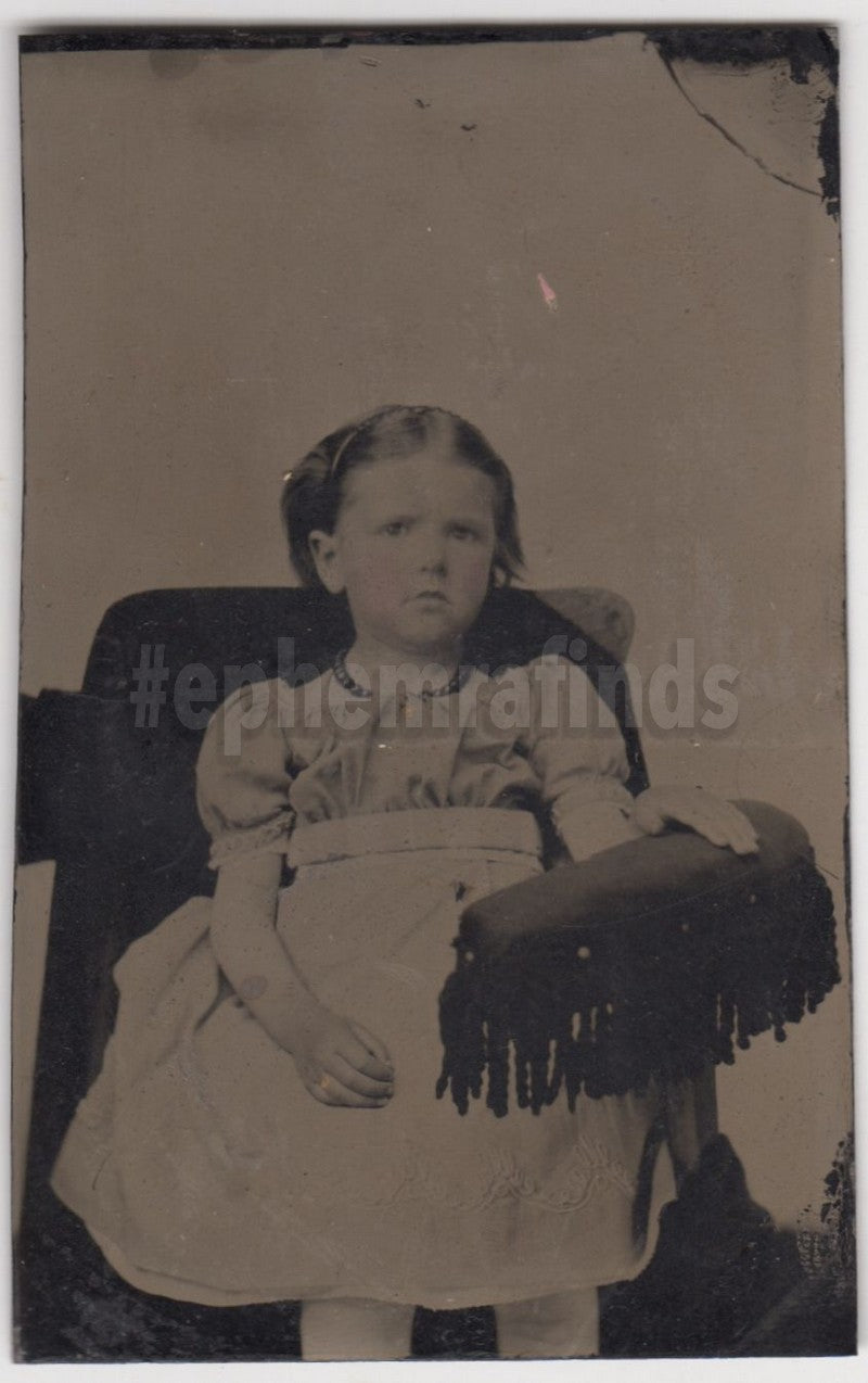 Cute Little Girl with Dress and Beaded Necklace Antique Tintype Photo