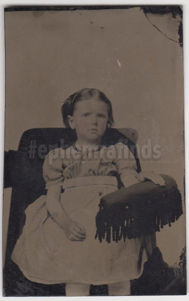 Cute Little Girl with Dress and Beaded Necklace Antique Tintype Photo
