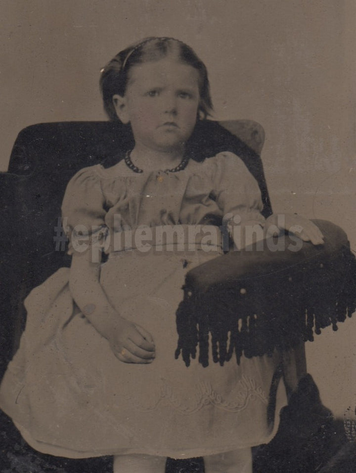 Cute Little Girl with Dress and Beaded Necklace Antique Tintype Photo