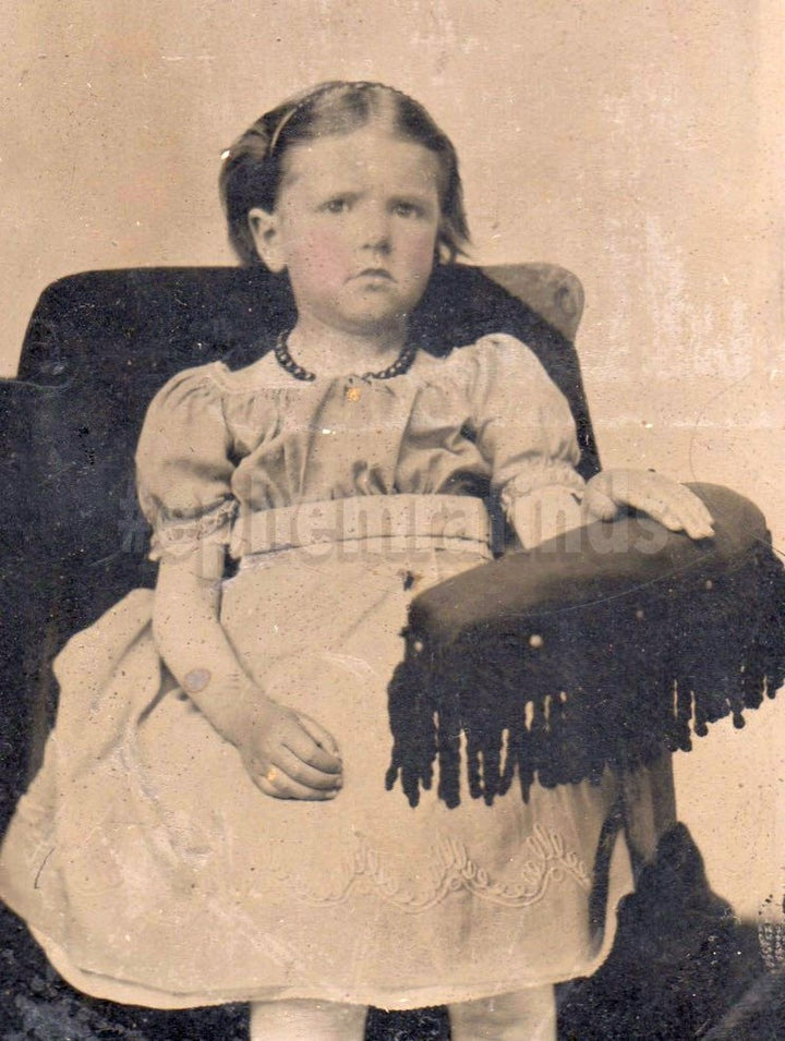 Cute Little Girl with Dress and Beaded Necklace Antique Tintype Photo