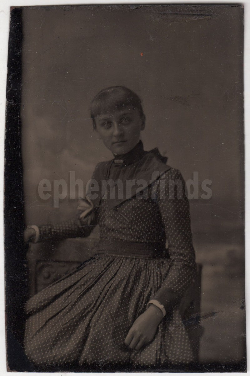 Lovely Young Girl in Excellent Spotted Dress Flower Antique Tintype Photo