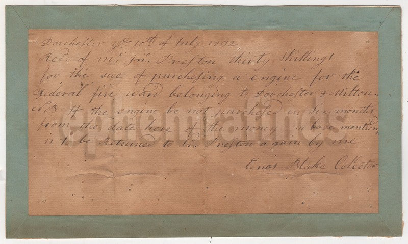 Colonial Boston Dorchester MA Fire Company Antique Fire Engine Letter 1792