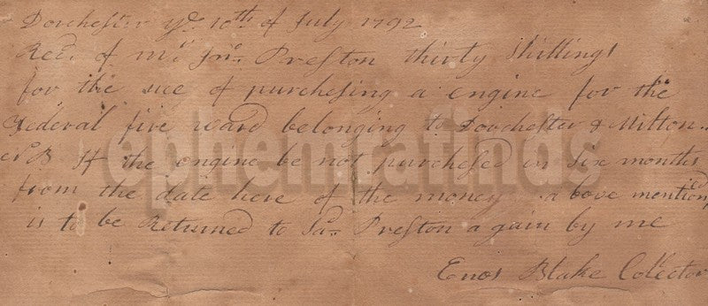 Colonial Boston Dorchester MA Fire Company Antique Fire Engine Letter 1792