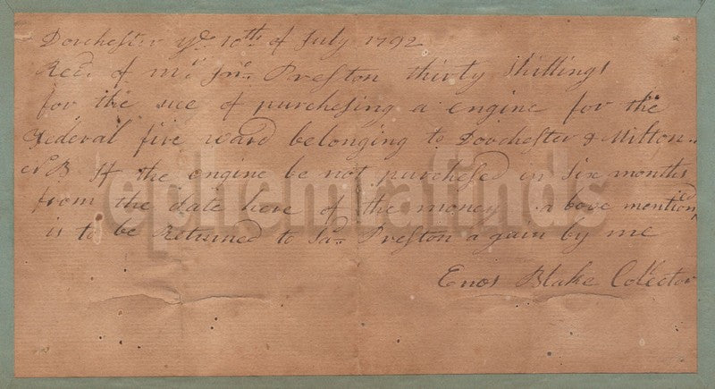 Colonial Boston Dorchester MA Fire Company Antique Fire Engine Letter 1792