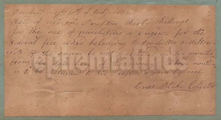 Colonial Boston Dorchester MA Fire Company Antique Fire Engine Letter 1792