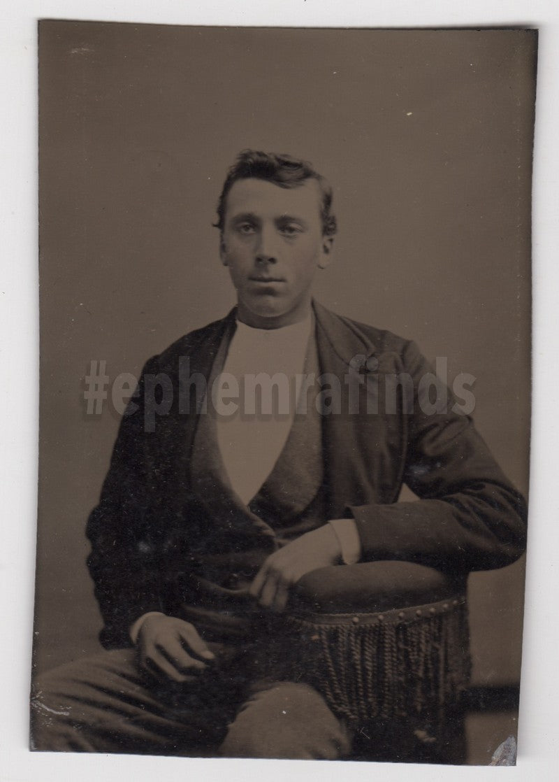 Homely Young Man in a Vest and Coat Antique Tintype Photo
