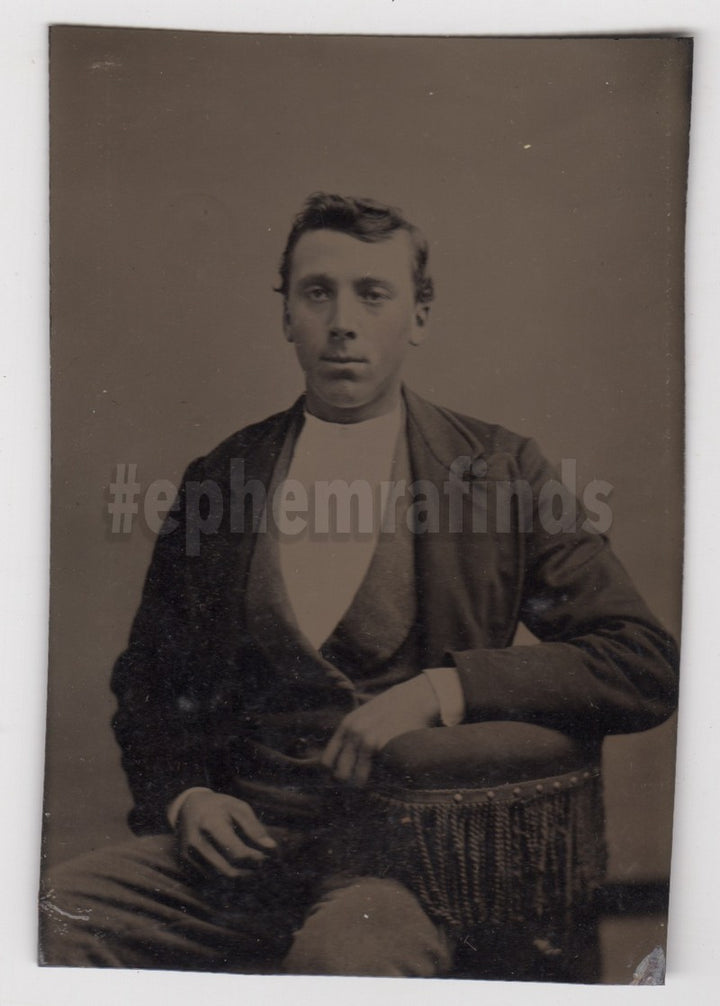 Homely Young Man in a Vest and Coat Antique Tintype Photo