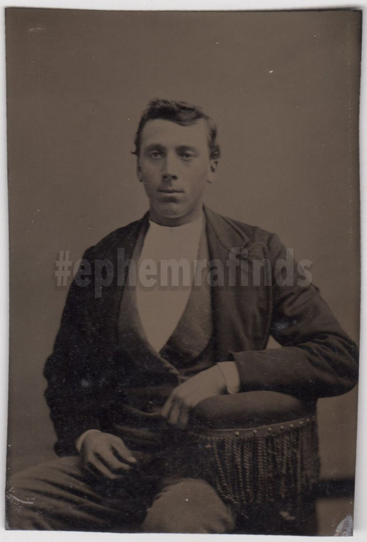 Homely Young Man in a Vest and Coat Antique Tintype Photo