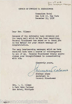 SHERMAN ADAMS EISENHOWER CAMPAIGN AUTOGRAPH SIGNED NOTE - K-townConsignments