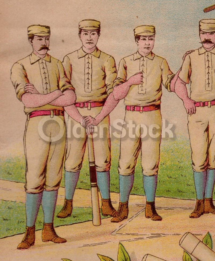 Baseball Our National Game Rare Antique Graphic Art Chromolithograph Poster 10.5x13.5"