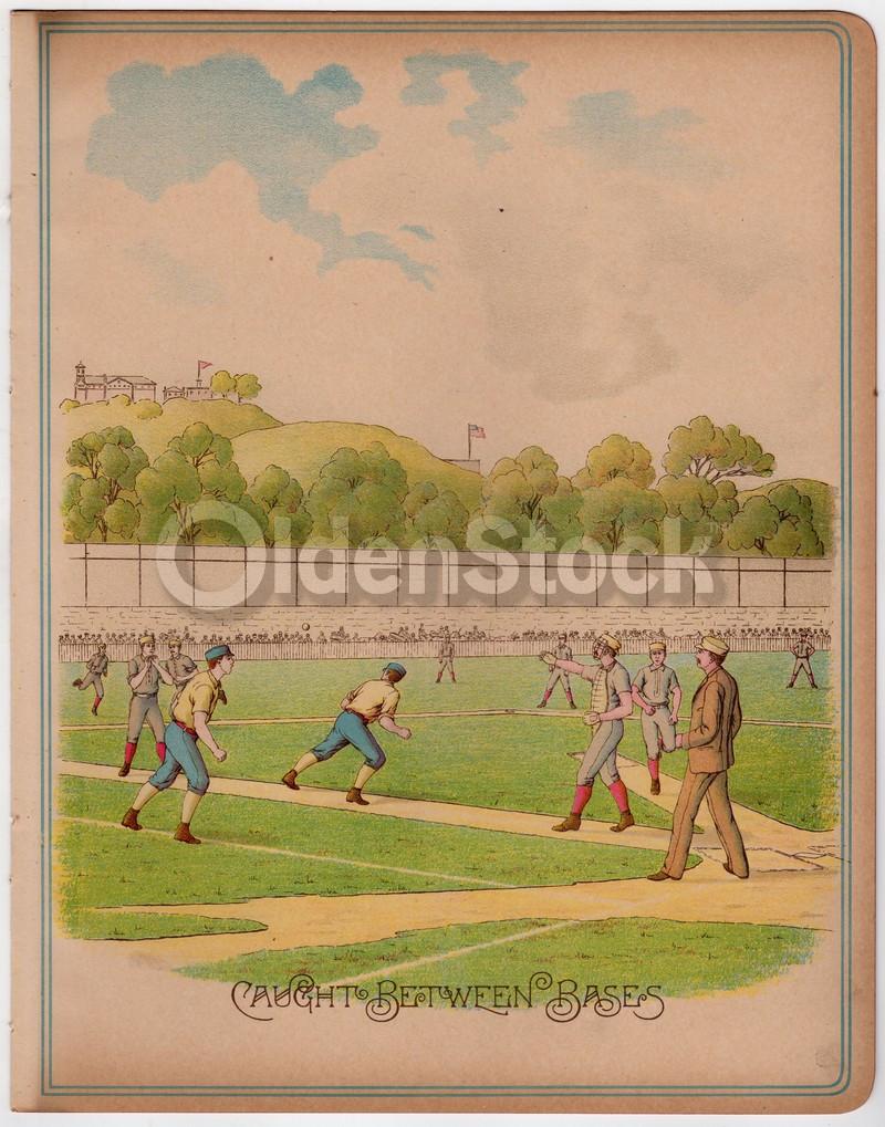 Baserunner Caught Stealing Early American Baseball Game Antique Chromolithograph Print 10.5x13.5"