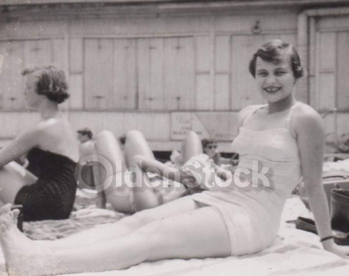 Beach Swimsuit Fashions Young Lady Lounging Vintage Americana Snapshot Photo