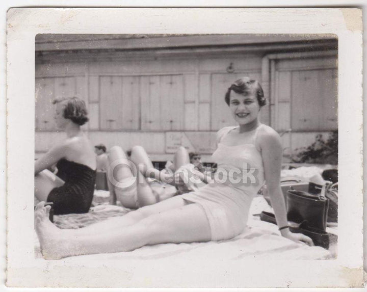 Beach Swimsuit Fashions Young Lady Lounging Vintage Americana Snapshot Photo