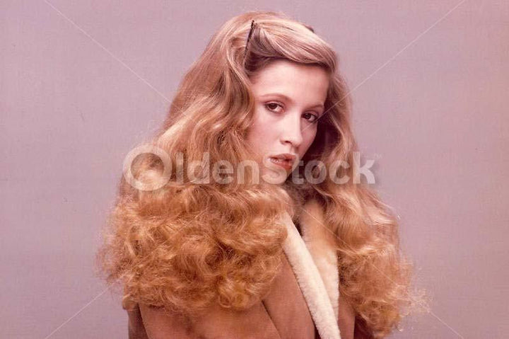 Beautiful Blonde Curls Long Hair Fashion Model Vintage Suede Coat Photo