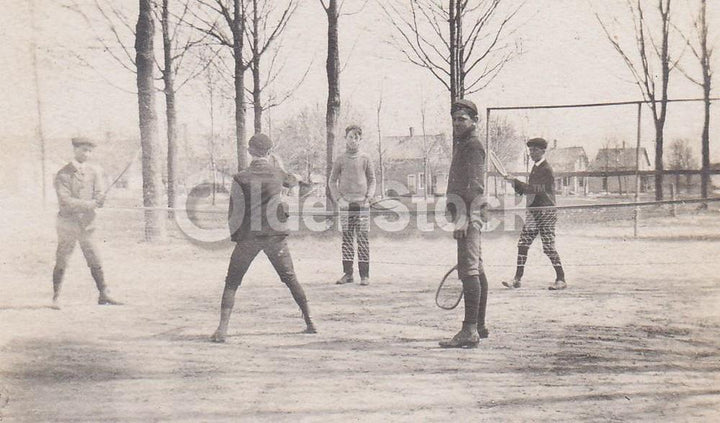 Boys Playing Double Tennis Outdoors Early IDed Antique Sports Snapshot Photograph
