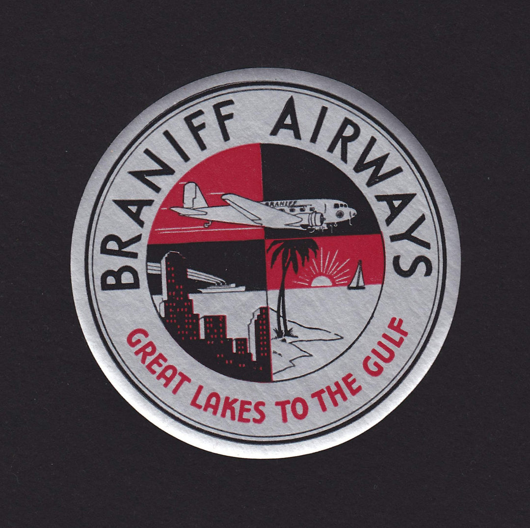 Braniff Airways Great Lakes to the Gulf Vintage Graphic Advertising Luggage Sticker Decal