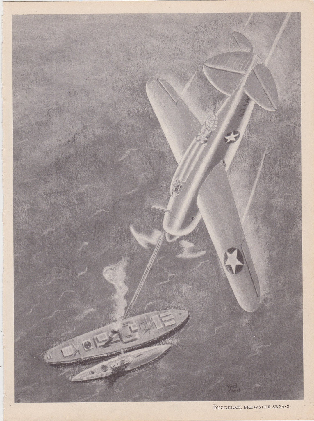Brewster SB2A-2 Buccaneer Navy Fighter Plane Military Aircraft Vintage WWII Illustration Print 1944