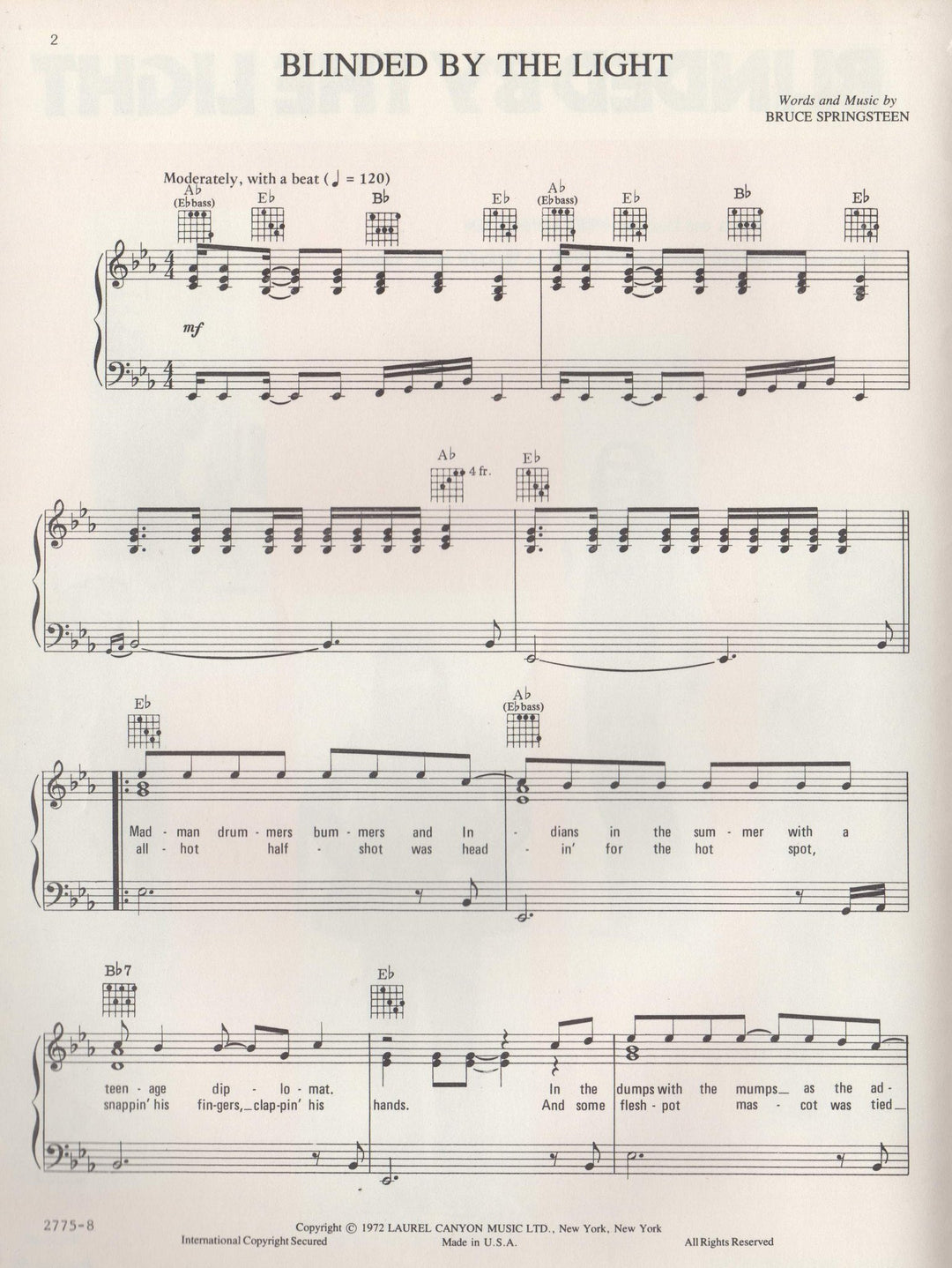 Bruce Springsteen Blinded By The Light Manfred Mann's Earth Band Song & Lyrics Sheet Music 1972