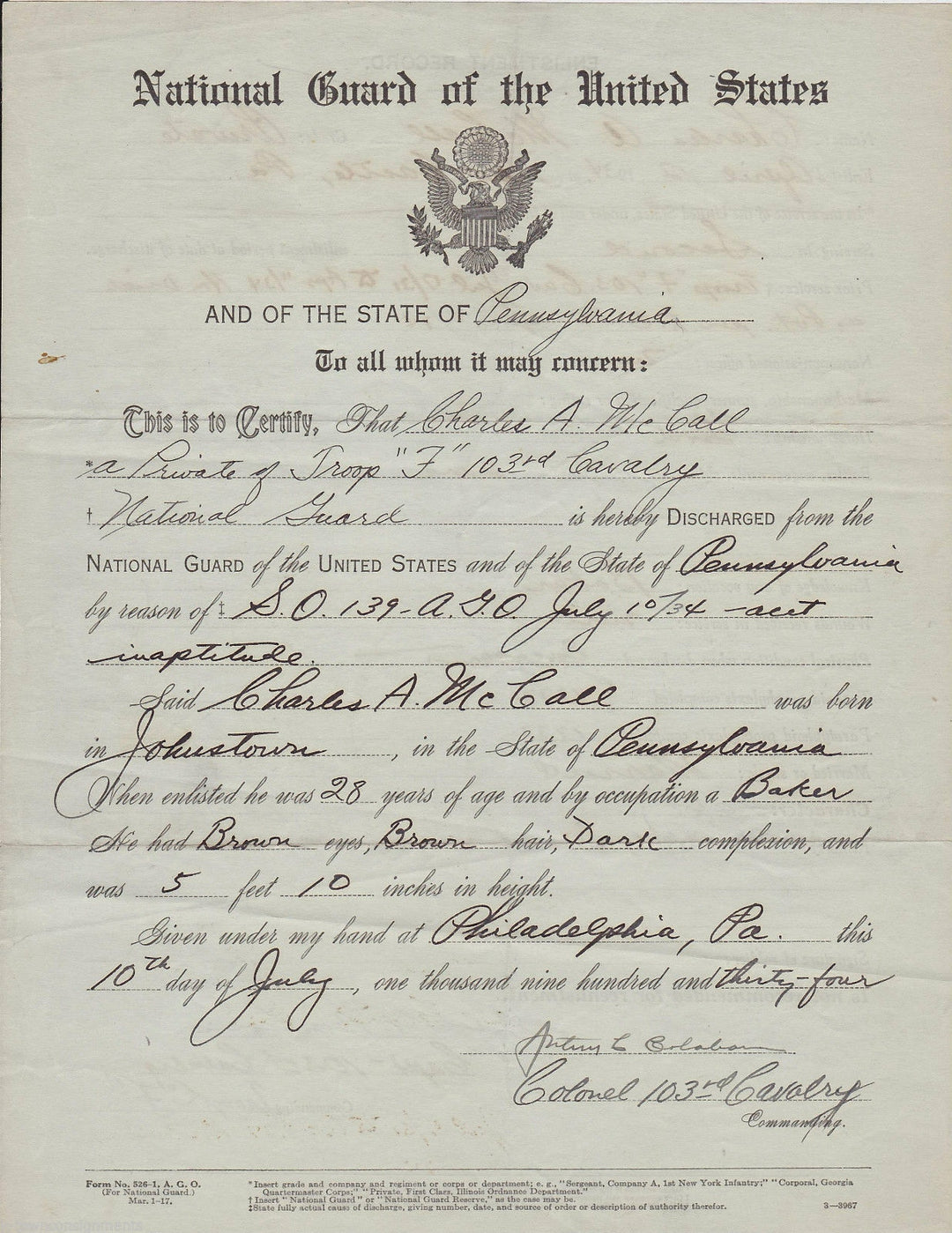 Colonel Arthur Colahan Charles McCall PA National Guard Autograph Signed Discharge 1925