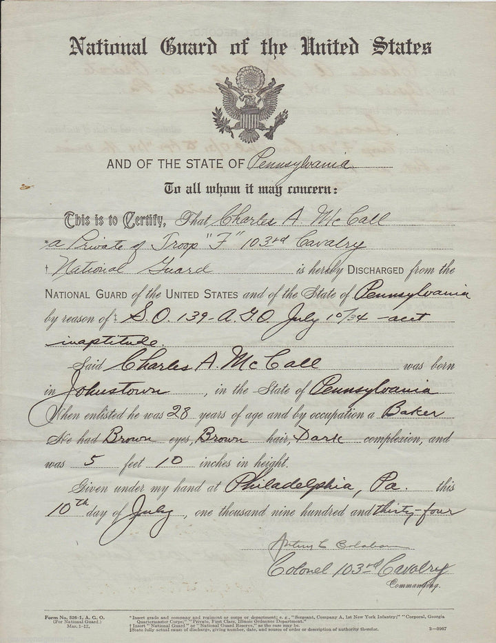 Colonel Arthur Colahan Charles McCall PA National Guard Autograph Signed Discharge 1925
