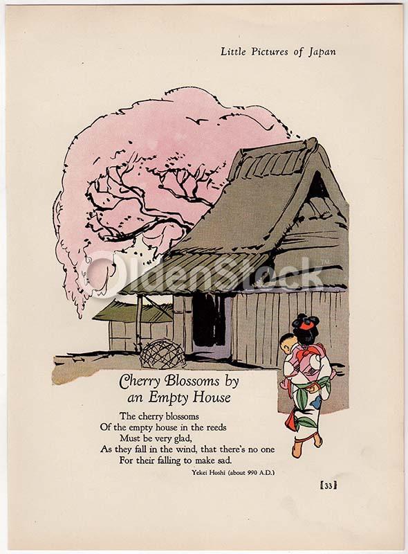 Cherry Blossoms by an Empty House Poem by Yekei Hoshi Antique Japanese Graphic Art Poetry Print