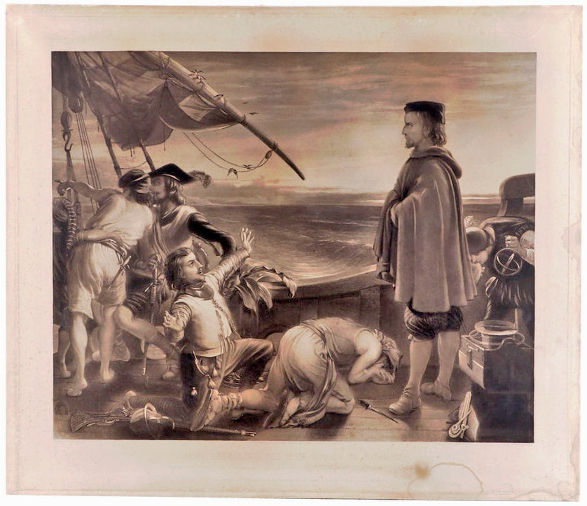 Dawn Revealing the New World to Columbus Antique Linen Backed Engraving Print