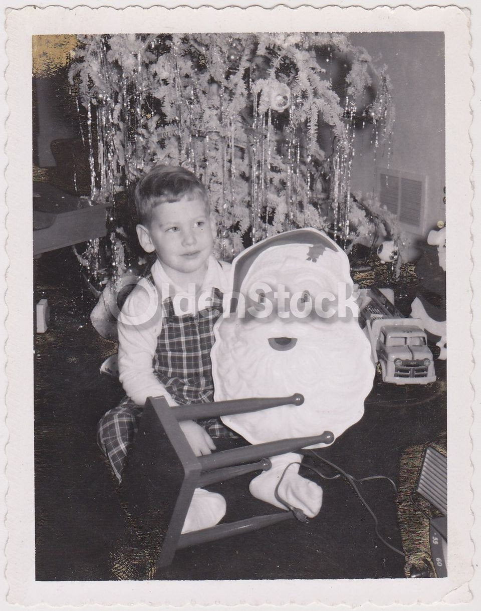 Cute Little Boy with Santa Clause on Christmas Morning Vintage Americana Snapshot Photo