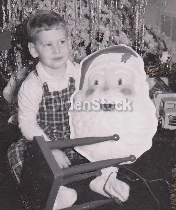 Cute Little Boy with Santa Clause on Christmas Morning Vintage Americana Snapshot Photo