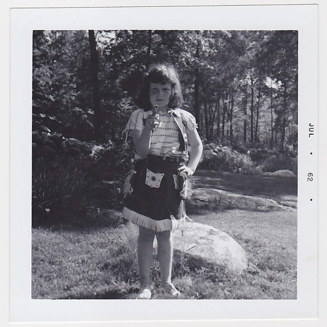 Cute Little Cowgirl In Costume Aiming Gun At Camera Vintage Snapshot Photograph