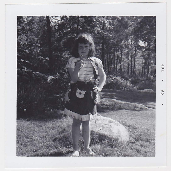 Cute Little Cowgirl In Costume Aiming Gun At Camera Vintage Snapshot Photograph