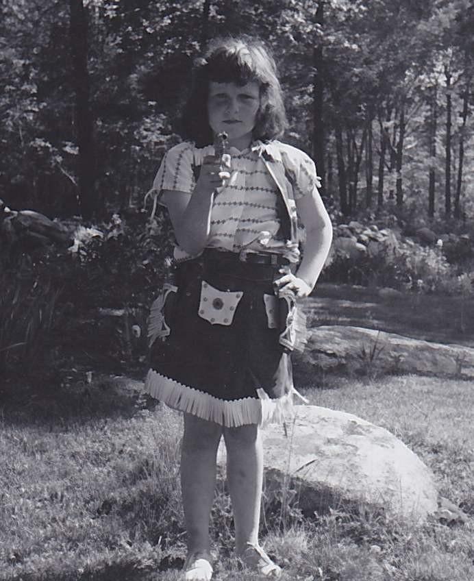 Cute Little Cowgirl In Costume Aiming Gun At Camera Vintage Snapshot Photograph