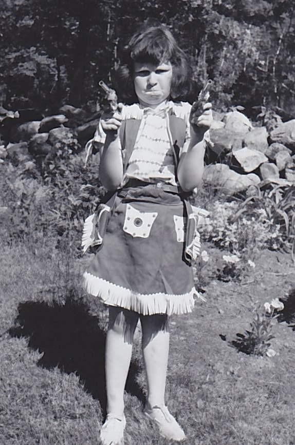 Cute Little Cowgirl In Costume Aiming Six-Shooter Guns Vintage Snapshot Photograph