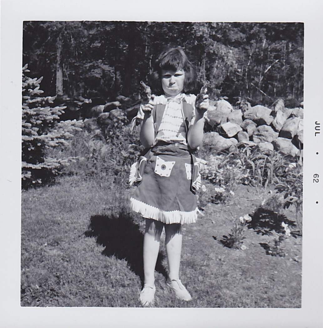 Cute Little Cowgirl In Costume Aiming Six-Shooter Guns Vintage Snapshot Photograph
