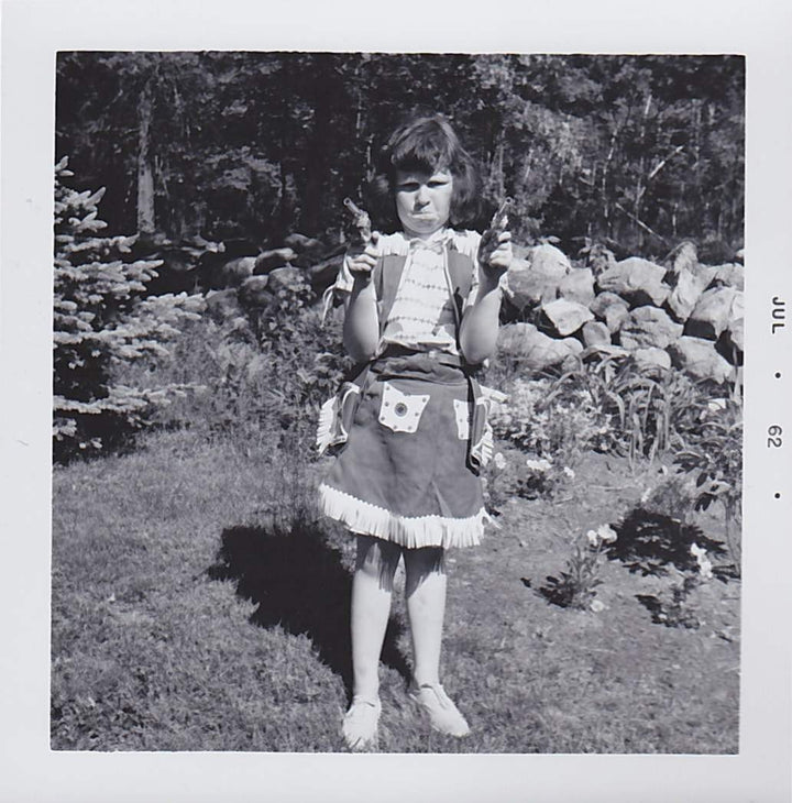 Cute Little Cowgirl In Costume Aiming Six-Shooter Guns Vintage Snapshot Photograph