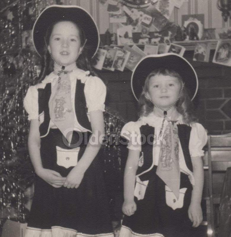 Cute Little Cowgirls on Christmas Morning Vintage Americana Snapshot Photograph