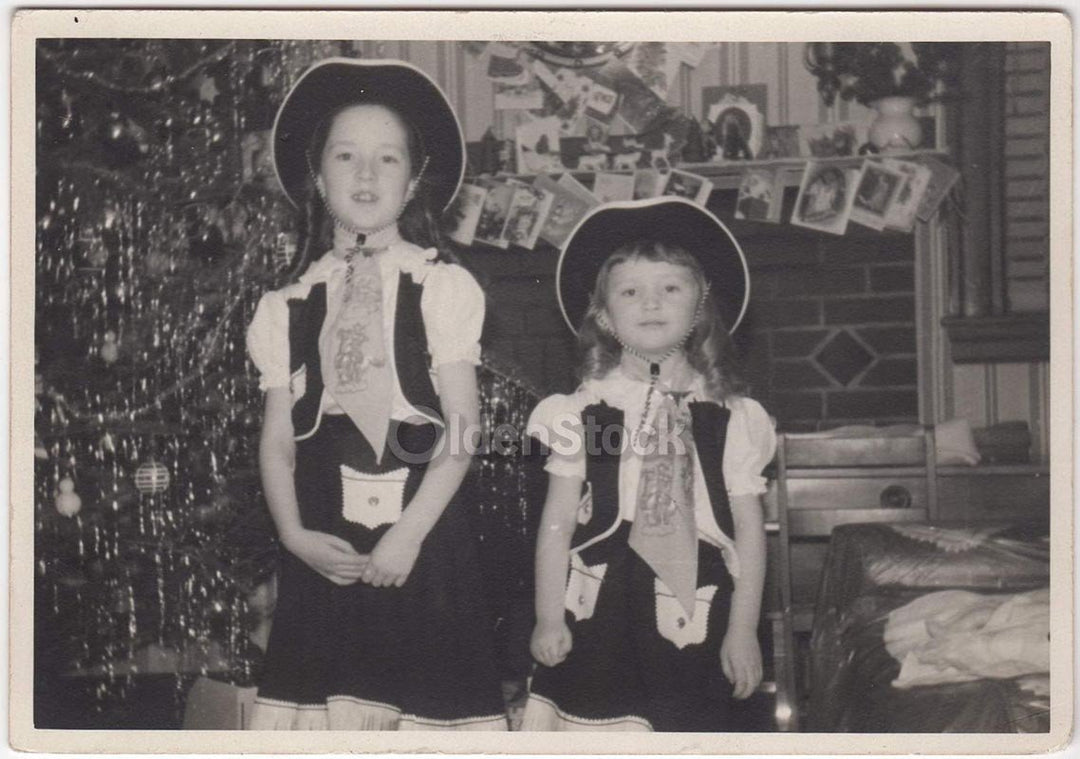 Cute Little Cowgirls on Christmas Morning Vintage Americana Snapshot Photograph