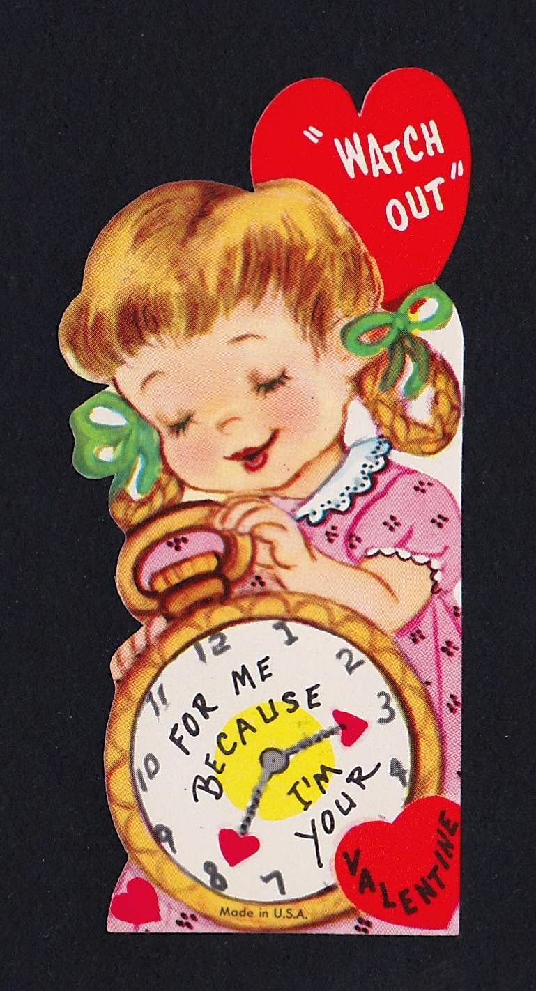 Cute Pocket Watch Girl Watch Out! Vintage Valentine's Day Greeting Card