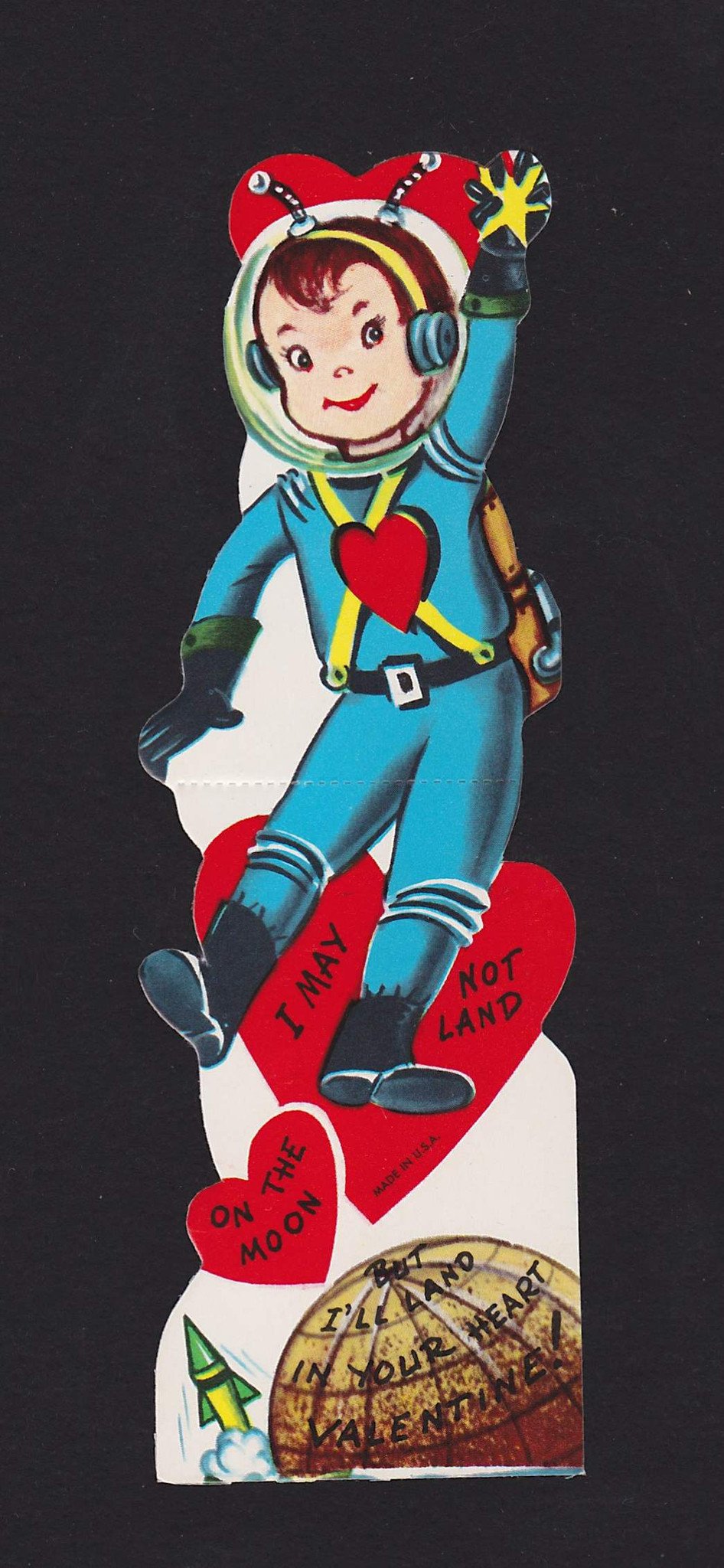 Cute Space Boy Astronaut Vintage 1950s Valentine's Day Greeting Card