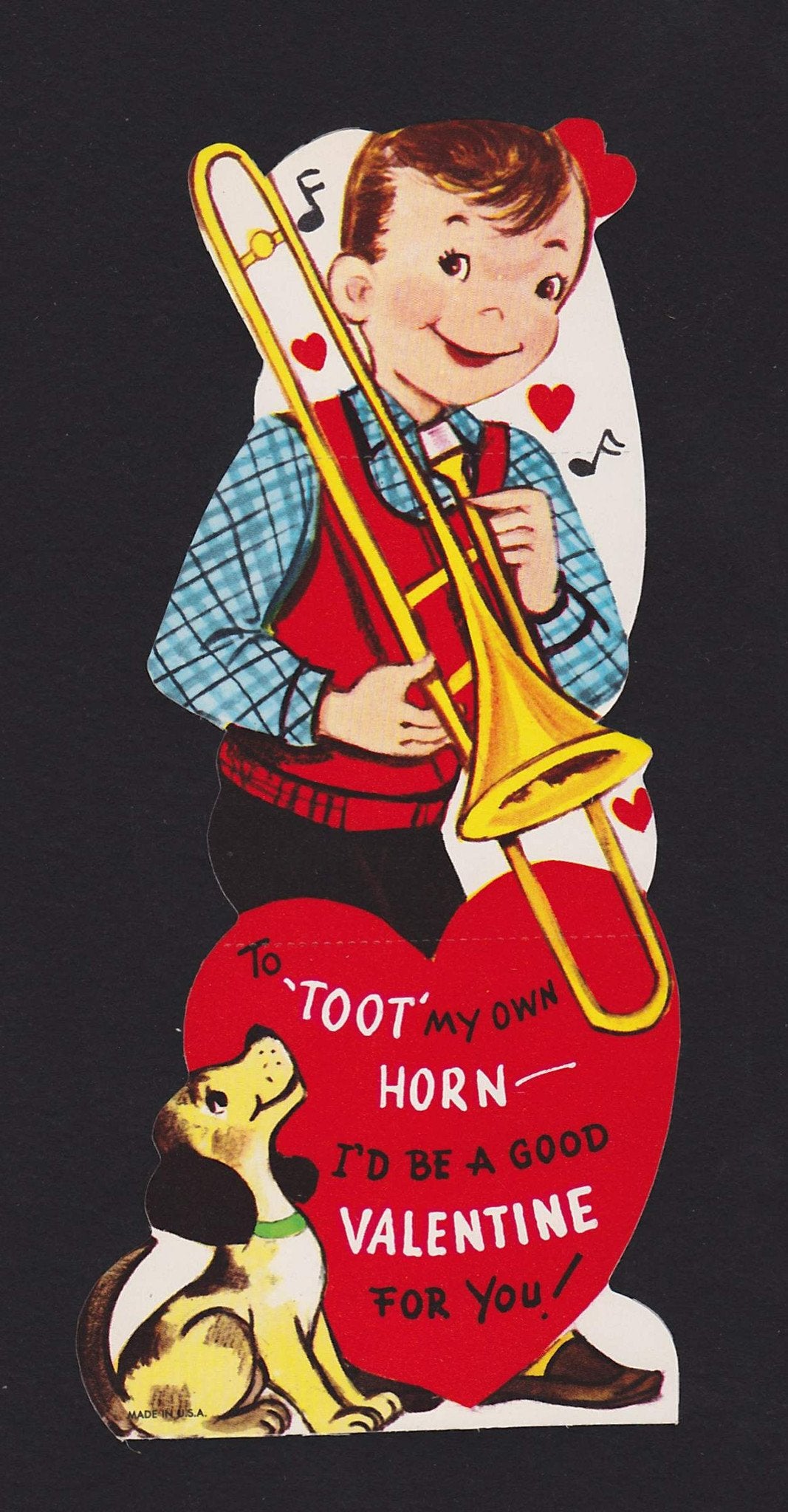 Cute Trombone Musician Boy & Puppy Dog Vintage Valentine's Day Greeting Card