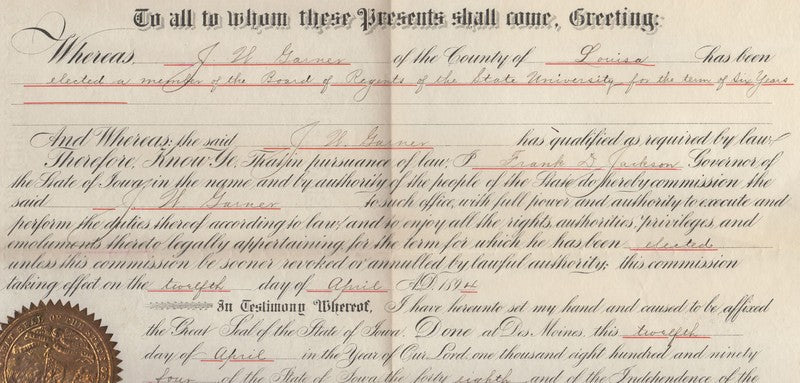 Iowa State University Cavalry Civil War Veteran Signed Appointment Certificate 1918