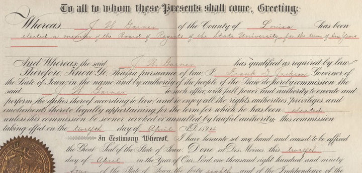Iowa State University Cavalry Civil War Veteran Signed Appointment Certificate 1918