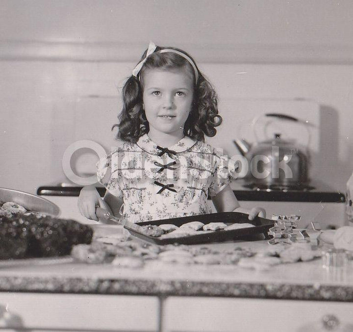 Darling Little Girl Baking Cookies in Shirley Temple Dress Vintage 1940s America